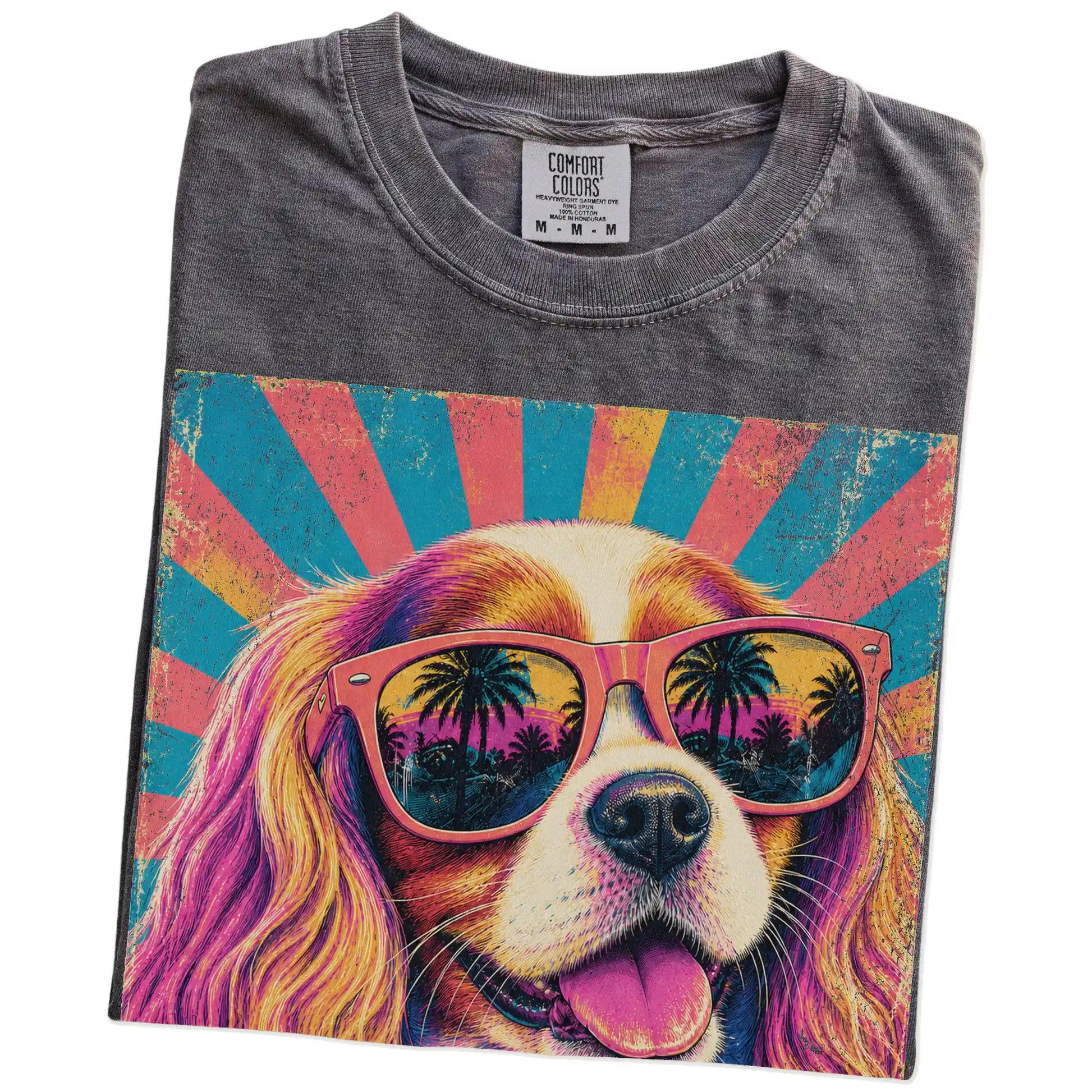 Retro Cavalier King Charles Spaniel Mama design on a Pepper Comfort Colors T-shirt folded detail