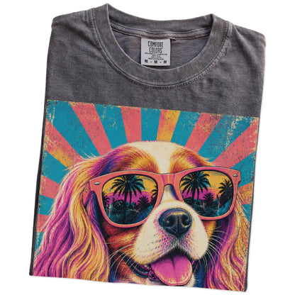 Retro Cavalier King Charles Spaniel Mama design on a Pepper Comfort Colors T-shirt folded detail