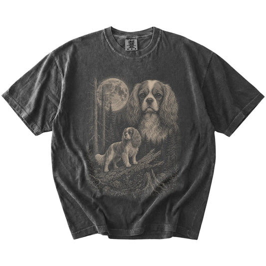 Pepper Cavalier King Charles Spaniel Moonlit Forest T-Shirt laid flat