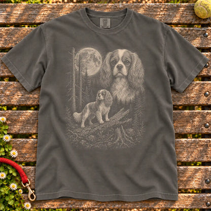 Cavalier King Charles Spaniel Moonlit Forest design on a Pepper T-shirt shown flat