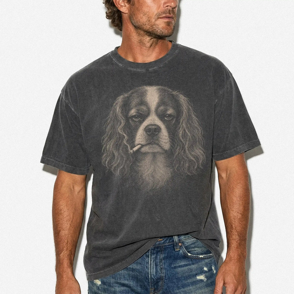 Model wearing a Cavalier King Charles Spaniel smoking design on a Pepper t-shirt