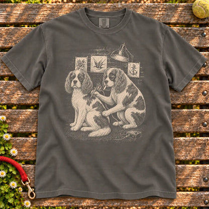 Cavalier King Charles Spaniel Tattoo design on a Pepper Comfort Colors T-shirt, shown flat