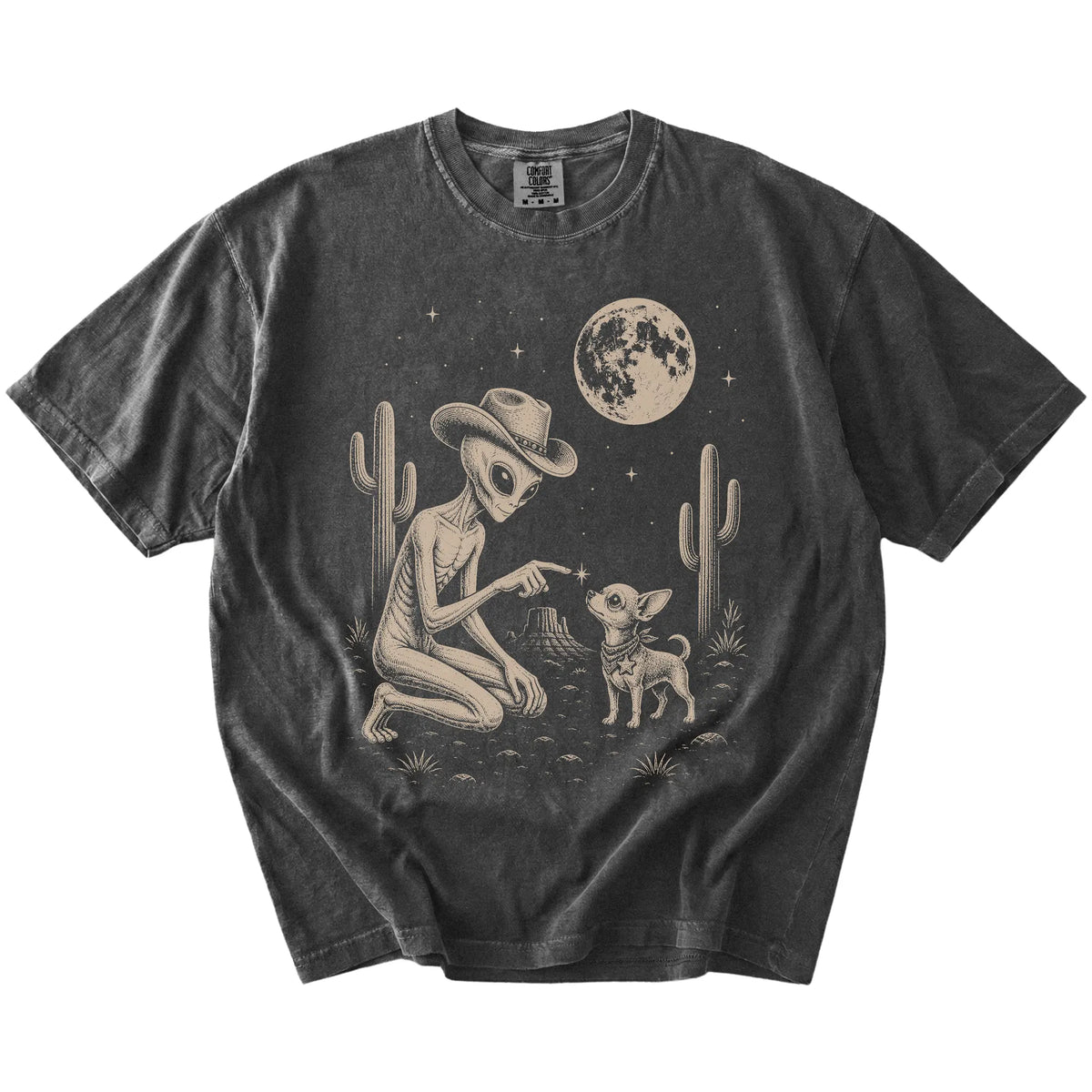 Cowboy alien fist-bumping a Chihuahua beneath the moon on a Pepper Comfort Colors® T-shirt