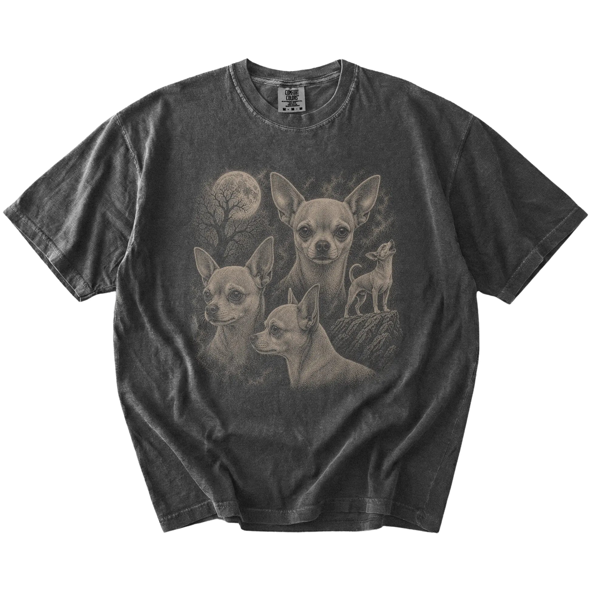 Vintage moon montage featuring Chihuahua on a Pepper Comfort Colors® T-shirt