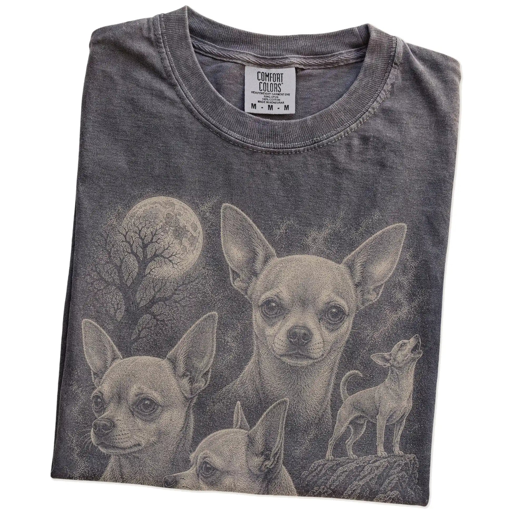 Folded Pepper Comfort Colors® T-shirt showing a vintage moon montage featuring Chihuahua