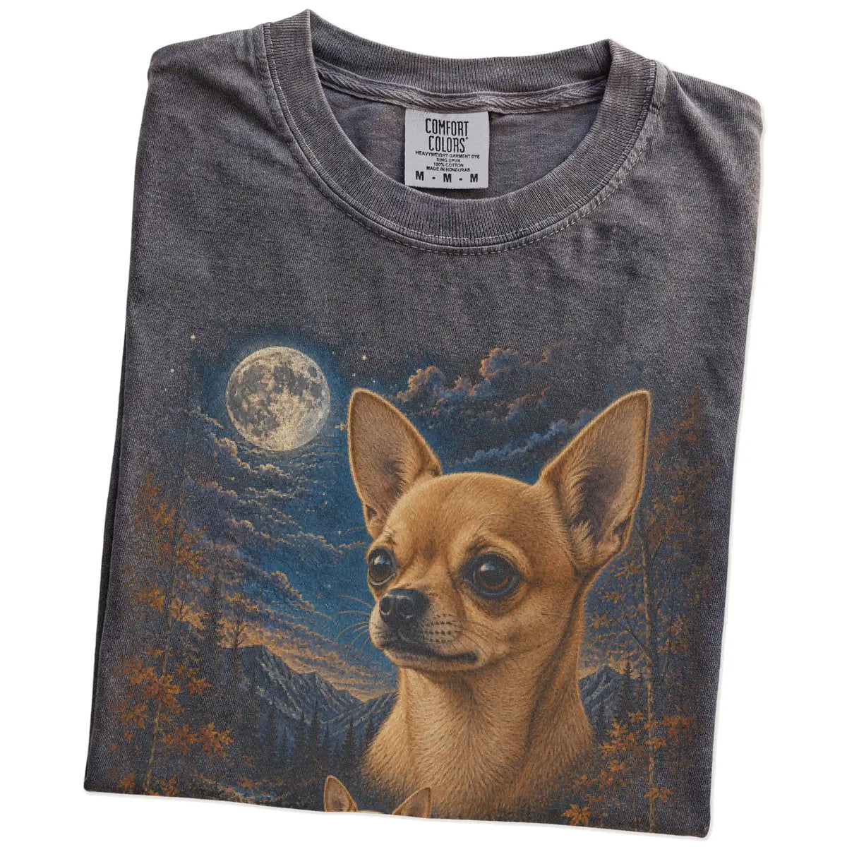 Folded pepper T-shirt with Chihuahua Autumn Moon artwork.