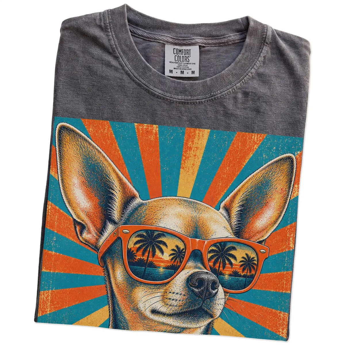 Retro Chihuahua Dad design on a Pepper Comfort Colors T-shirt folded detail