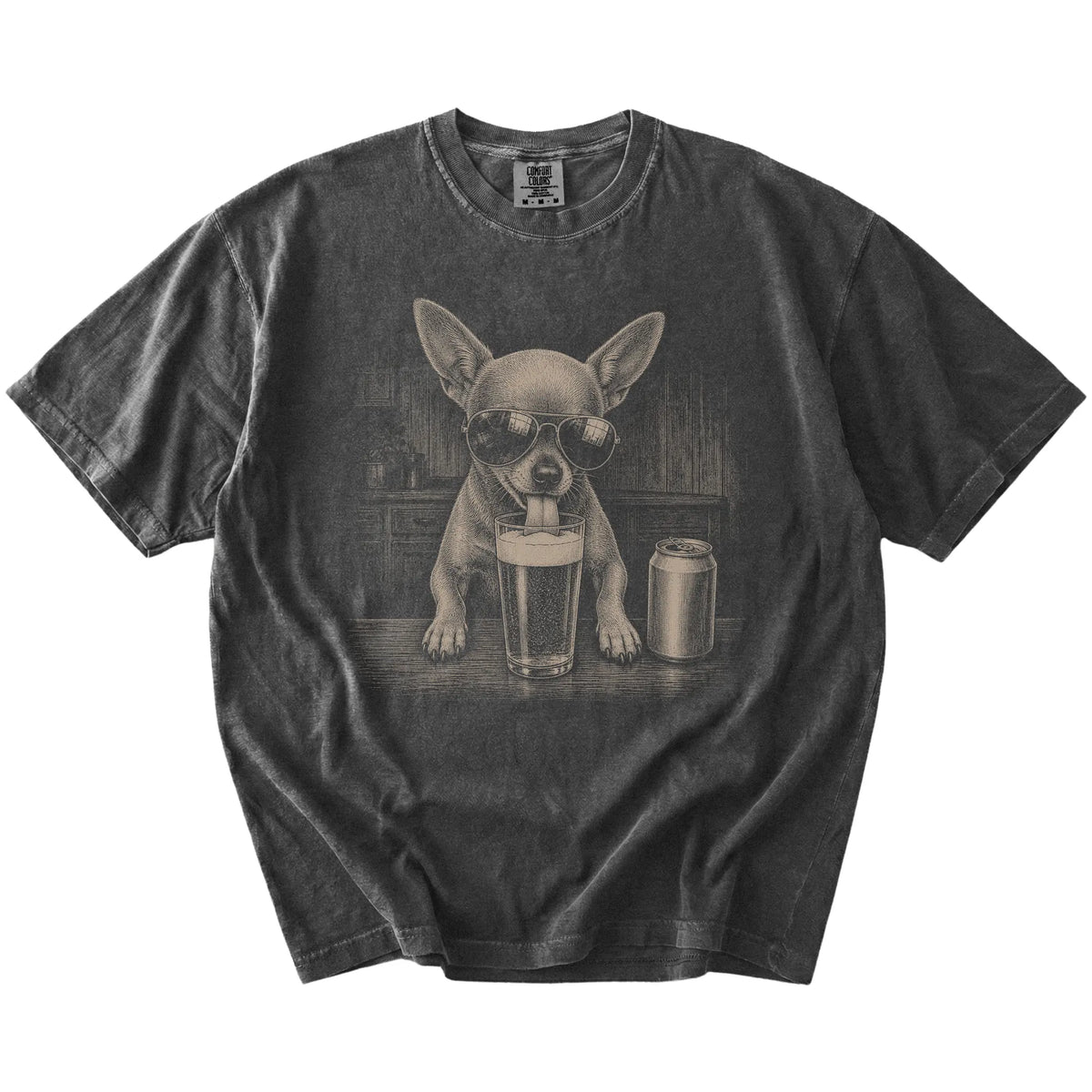 Chihuahua sneaking a drink from a foamy pint at home on a Pepper Comfort Colors® t-shirt