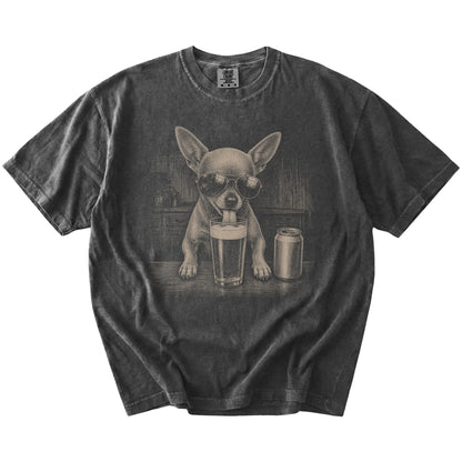 Chihuahua sneaking a drink from a foamy pint at home on a Pepper Comfort Colors® t-shirt