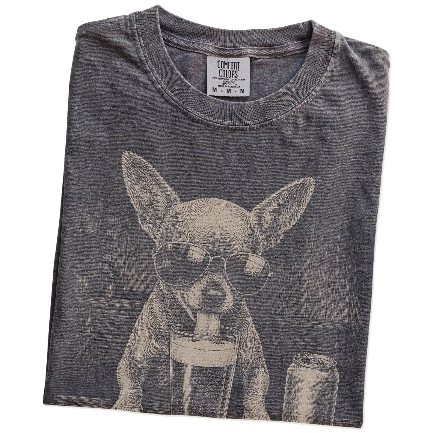 Folded Pepper Comfort Colors® t-shirt showing Chihuahua sneaking a drink from a pint