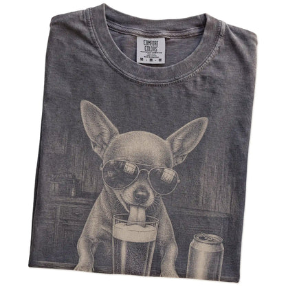 Folded Pepper Comfort Colors® t-shirt showing Chihuahua sneaking a drink from a pint