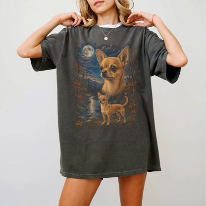 Model wearing a Pepper Comfort Colors® t-shirt featuring Chihuahua in a moonlit fall forest