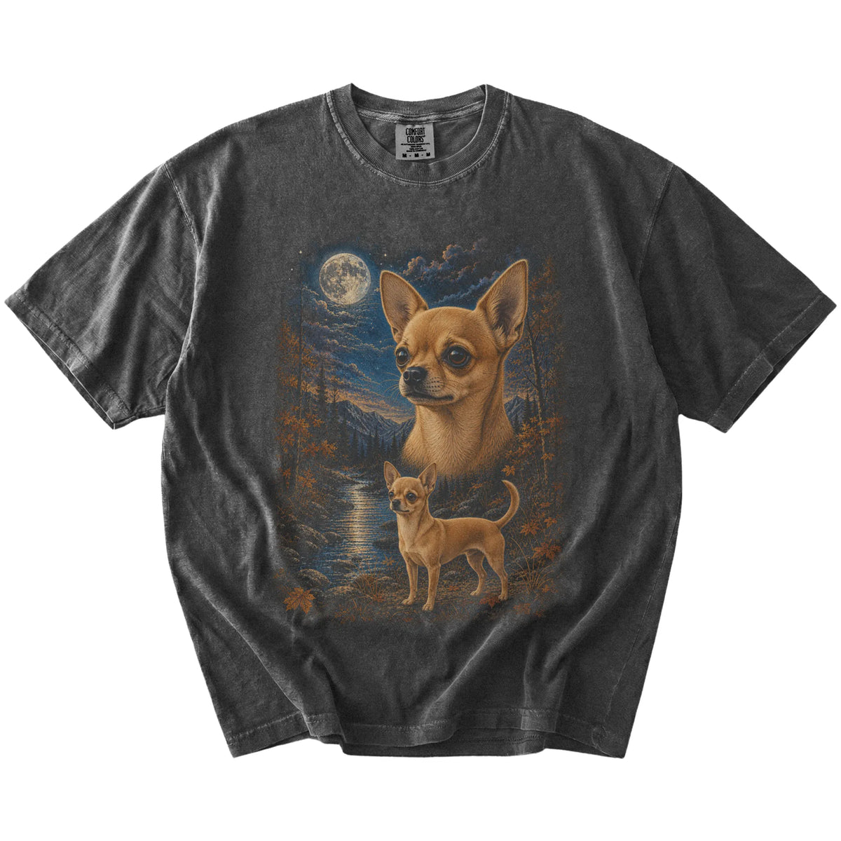 Chihuahua in a moonlit fall forest scene on a Pepper Comfort Colors® t-shirt