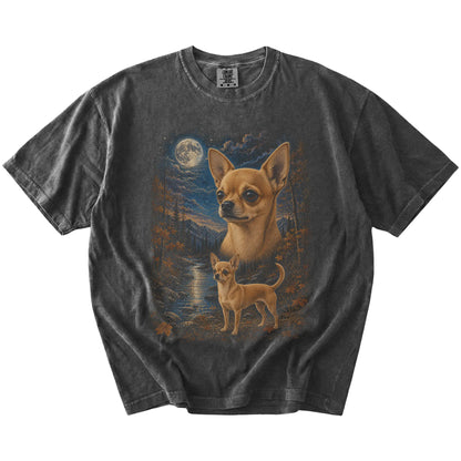 Chihuahua in a moonlit fall forest scene on a Pepper Comfort Colors® t-shirt