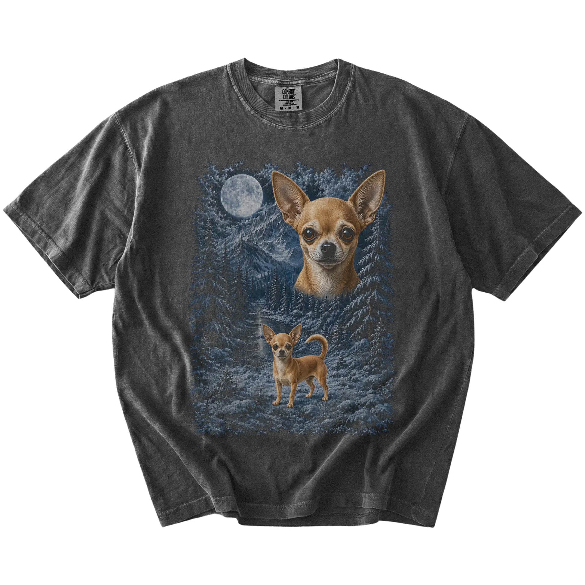 Chihuahua in a snowy winter forest on a Pepper t-shirt