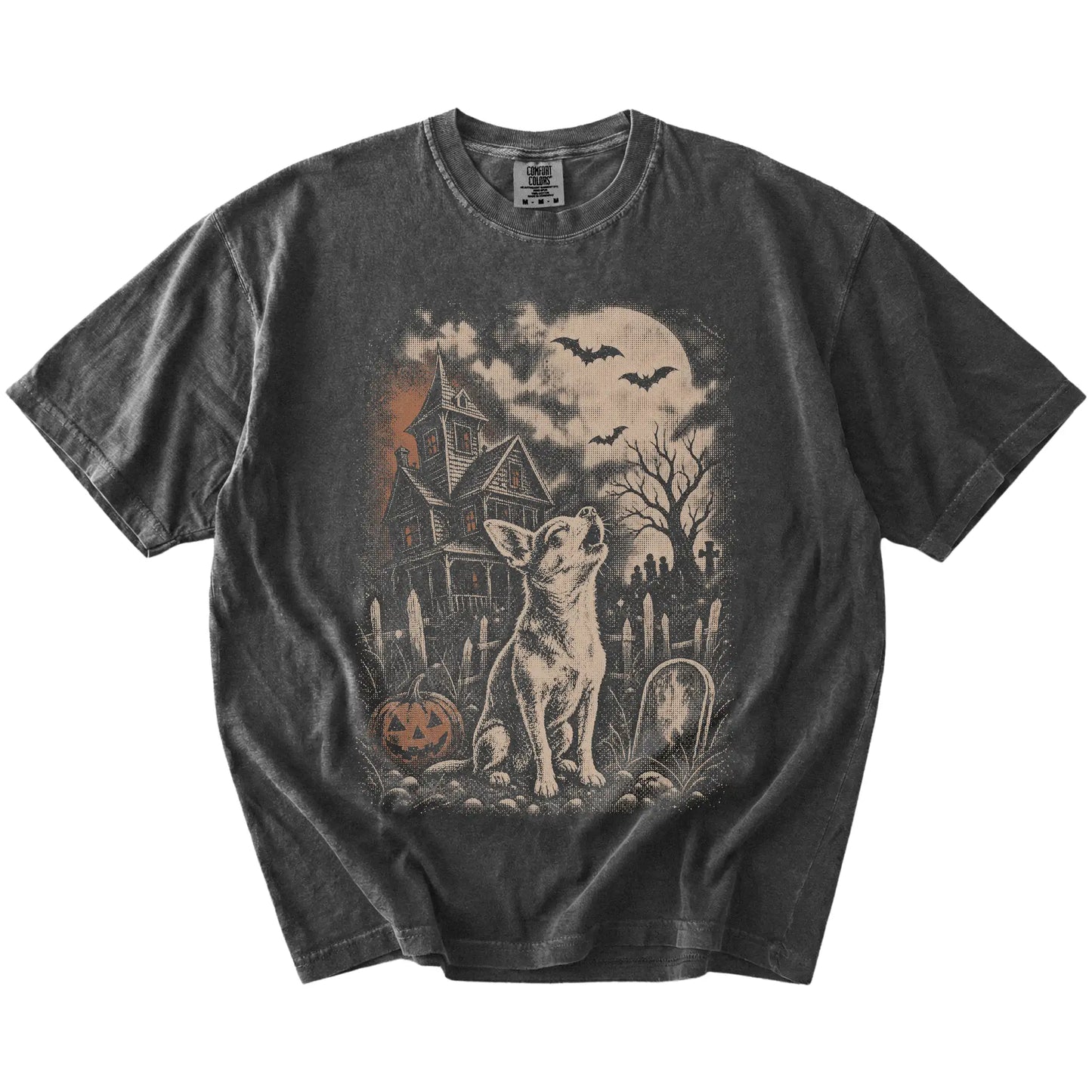 Chihuahua in a vintage haunted-house scene on a Pepper Comfort Colors® T-shirt