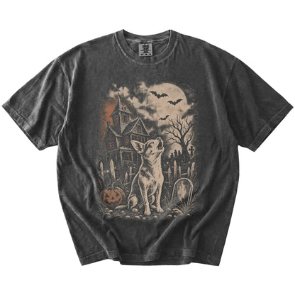 Chihuahua in a vintage haunted-house scene on a Pepper Comfort Colors® T-shirt