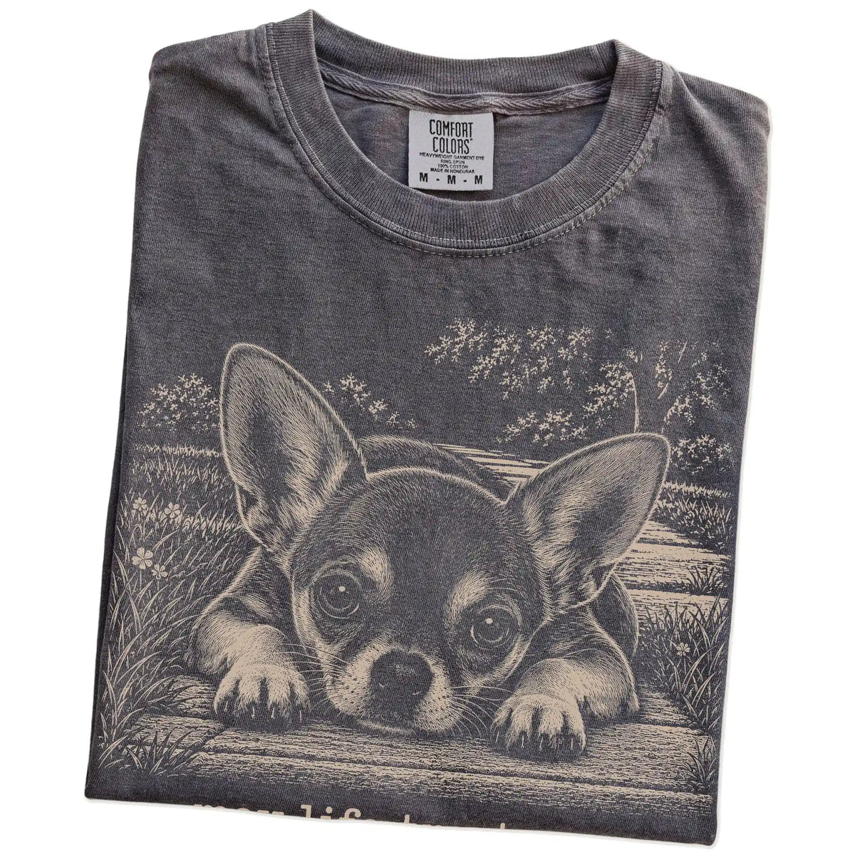 Chihuahua Karma Comfort Colors T-shirt in Pepper — Folded Detail