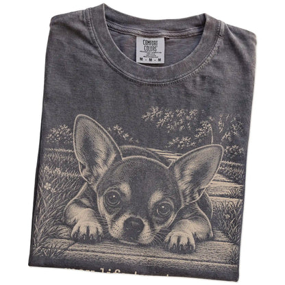 Chihuahua Karma Comfort Colors T-shirt in Pepper — Folded Detail