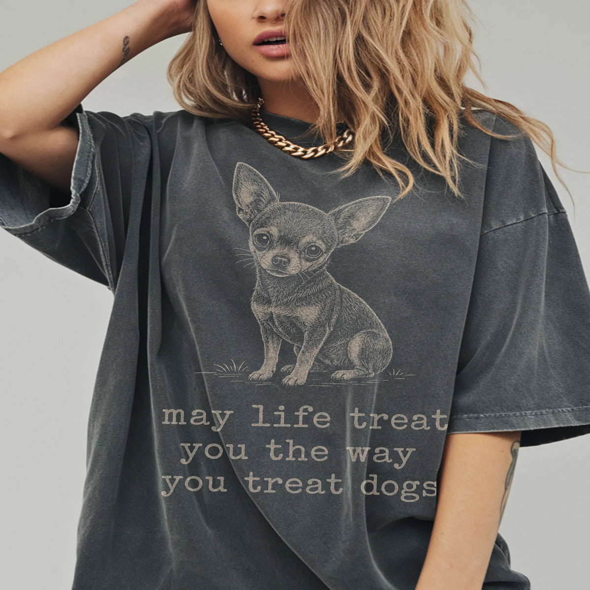 Woman wearing a Pepper Chihuahua Karma T-Shirt