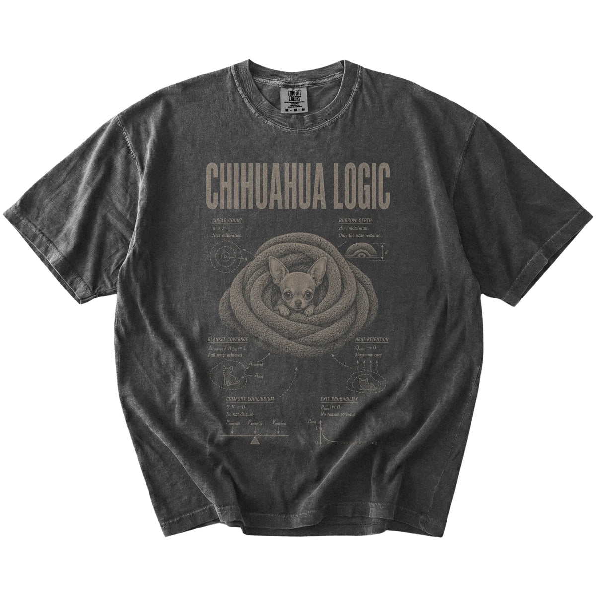 Pepper Chihuahua Logic T-Shirt laid flat