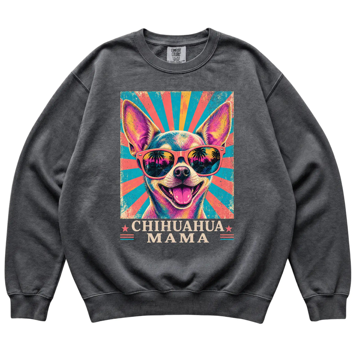 Retro Chihuahua Mama design on a Pepper Comfort Colors sweatshirt