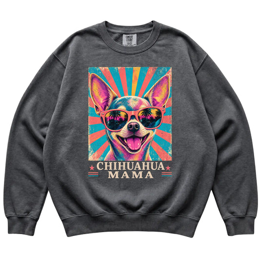 Retro Chihuahua Mama design on a Pepper Comfort Colors sweatshirt
