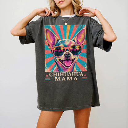 Retro Chihuahua Mama design on a Pepper Comfort Colors T-shirt worn by a model