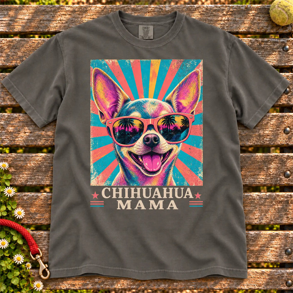 Chihuahua Mama Retro design on a Pepper Comfort Colors T-shirt, shown flat