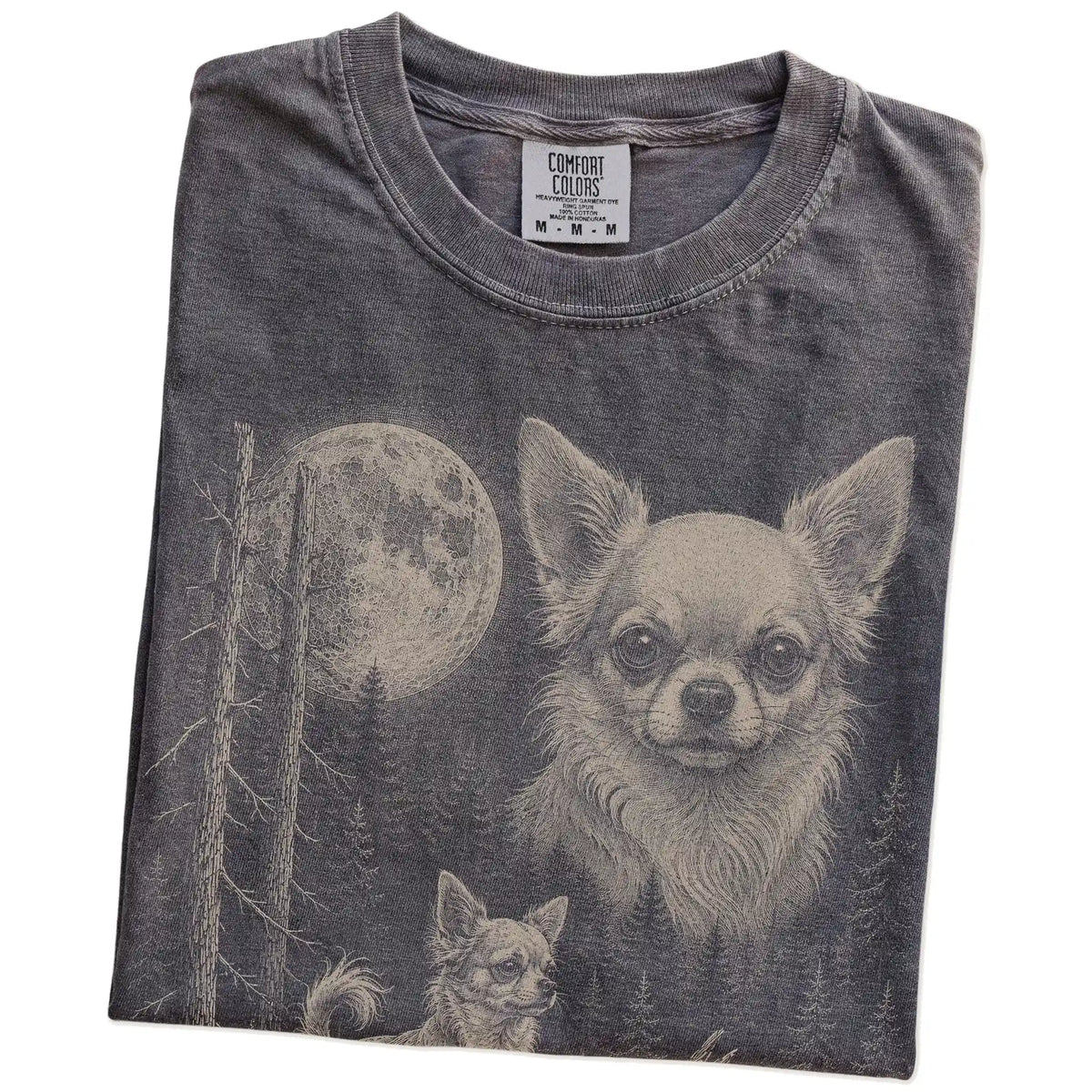 Folded Pepper Chihuahua Moonlit Forest T-Shirt showing the graphic