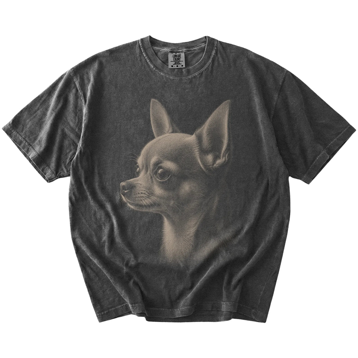 A detailed photographic portrait of a Chihuahua on a Pepper Comfort Colors® T-shirt