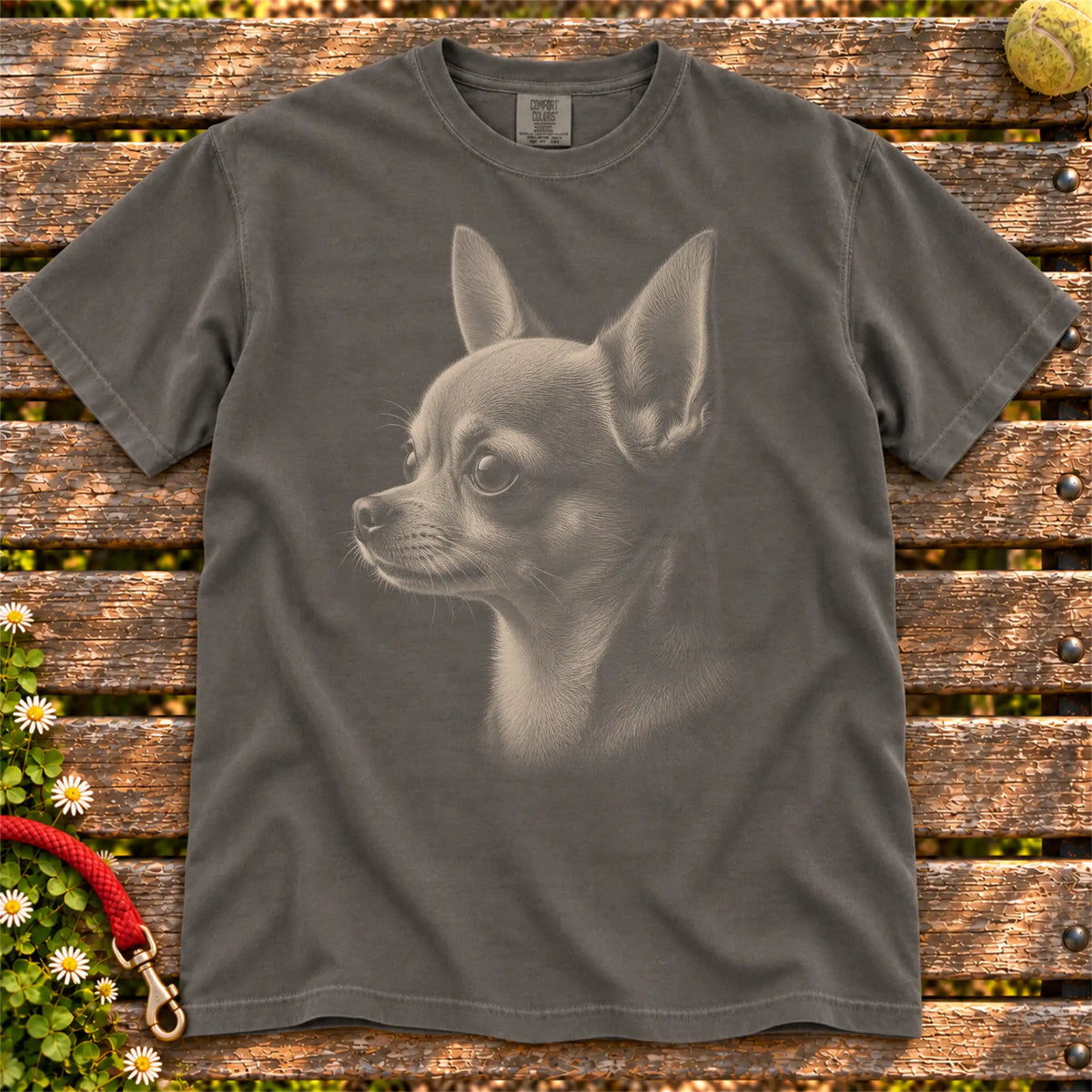 Chihuahua Photo design on a Pepper Comfort Colors T-shirt, shown flat
