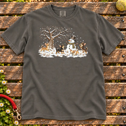 Chihuahua puppies playing in snow with a snowman on a Pepper T-shirt