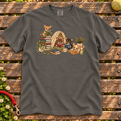 Chihuahua puppies reading books in a cozy blanket fort on a Pepper T-shirt