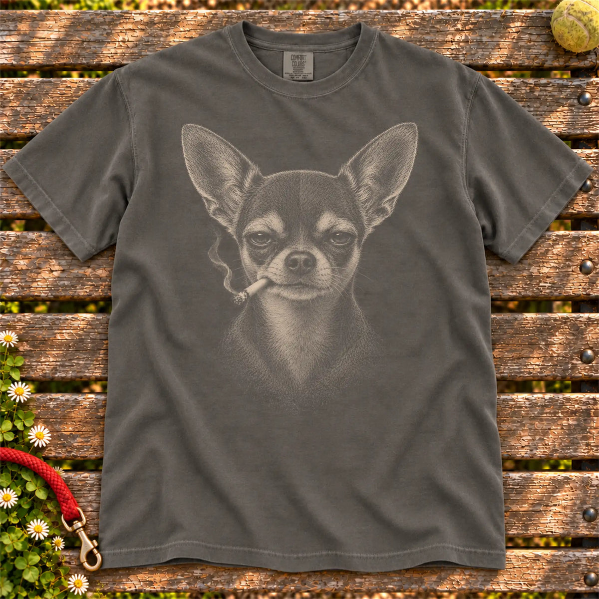 Chihuahua smoking design on a Pepper t-shirt