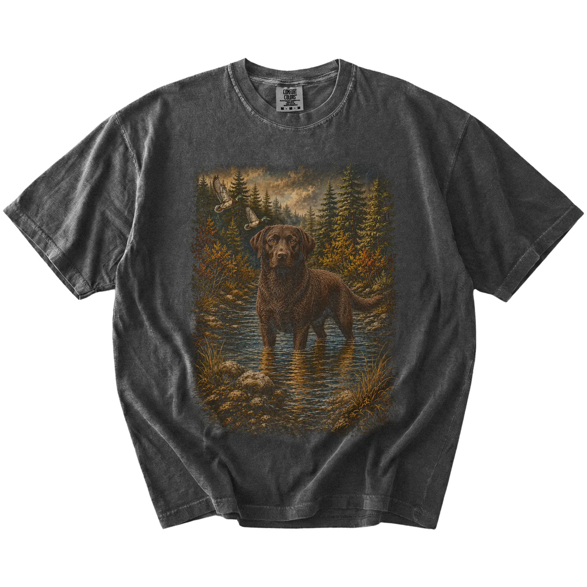 Pepper Chocolate Lab Duck Hunting T-Shirt laid flat