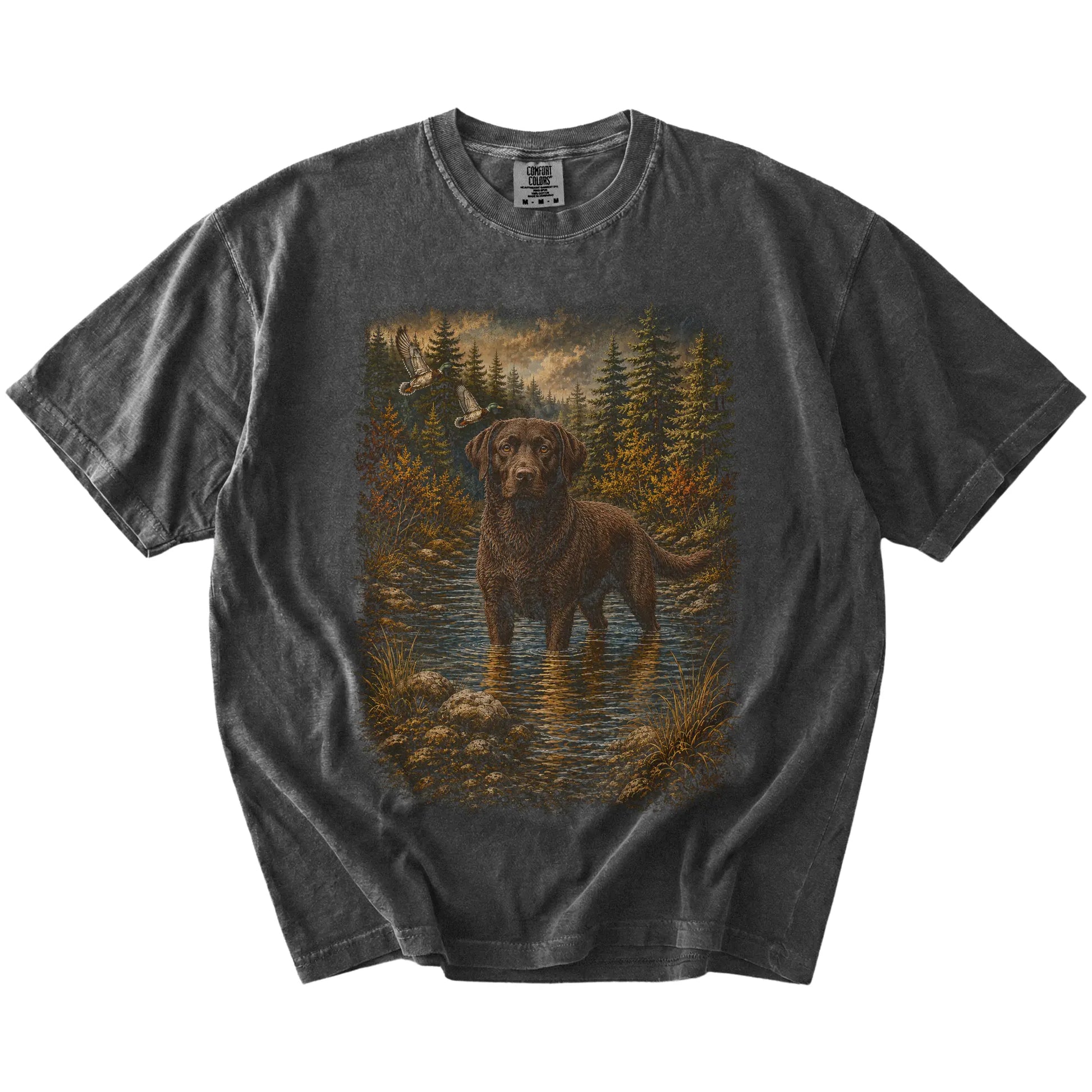 Pepper Chocolate Lab Duck Hunting T-Shirt laid flat