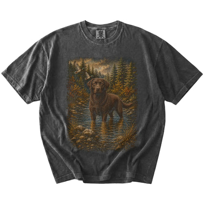 Pepper Chocolate Lab Duck Hunting T-Shirt laid flat