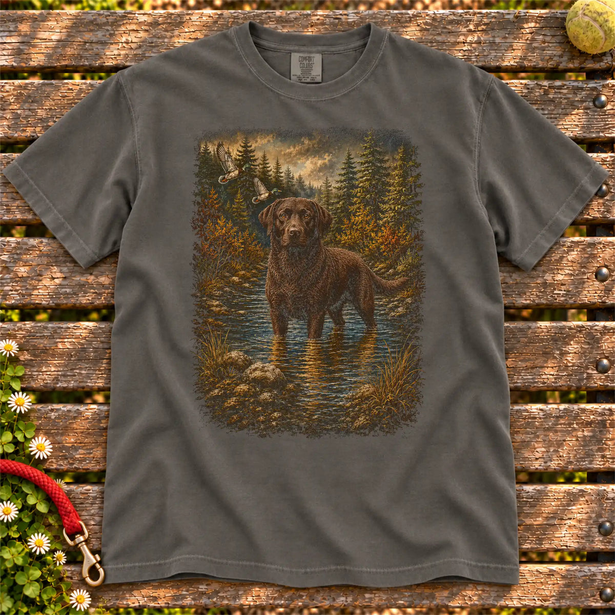 Labrador Retriever Chocolate Lab Duck Hunting on a Pepper T-shirt, shown flat