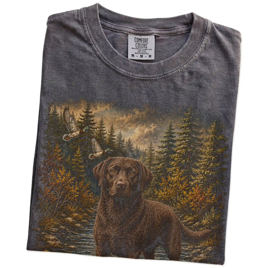 Folded Pepper Chocolate Lab Duck Hunting T-Shirt showing the graphic
