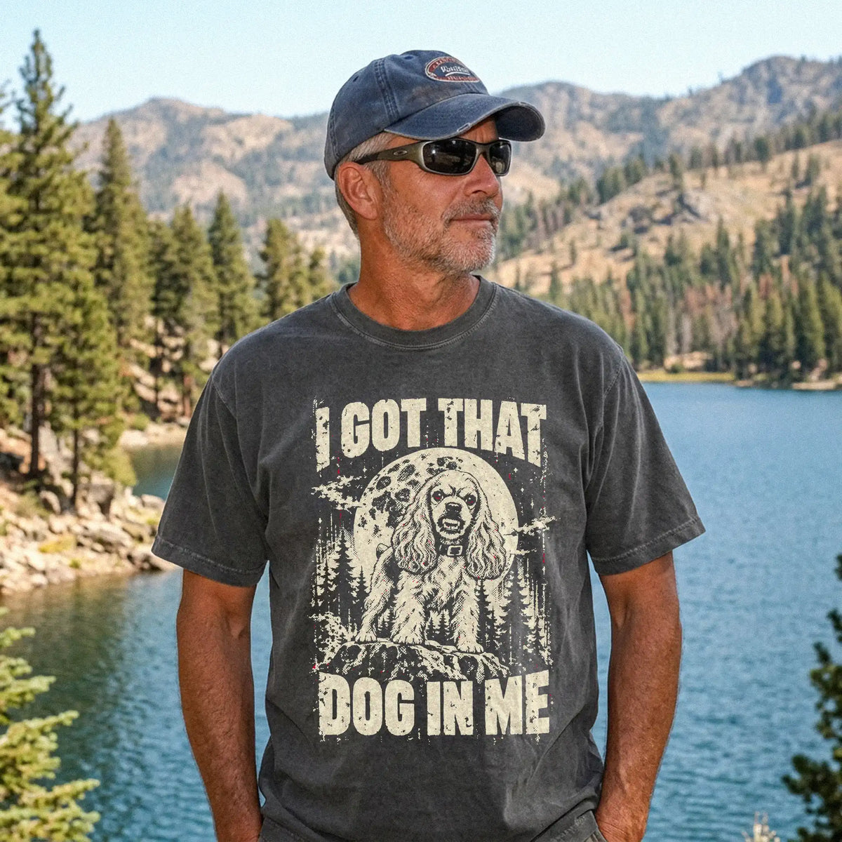 Pepper Cocker Spaniel I Got That Dog in Me T-shirt, worn by a model