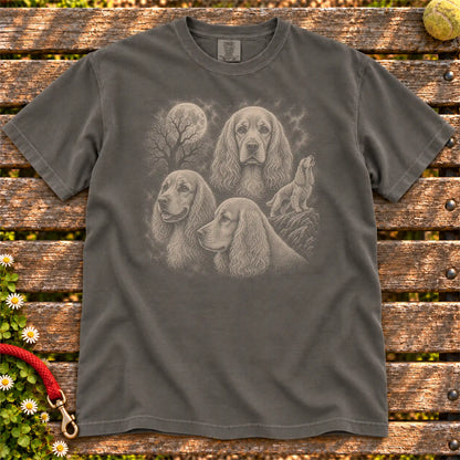 Cocker Spaniel 90s Moon design on a Pepper T-shirt shown flat