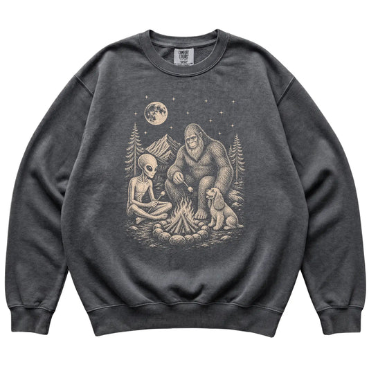 Pepper Cocker Spaniel Camping with Bigfoot and Alien shirt laid flat