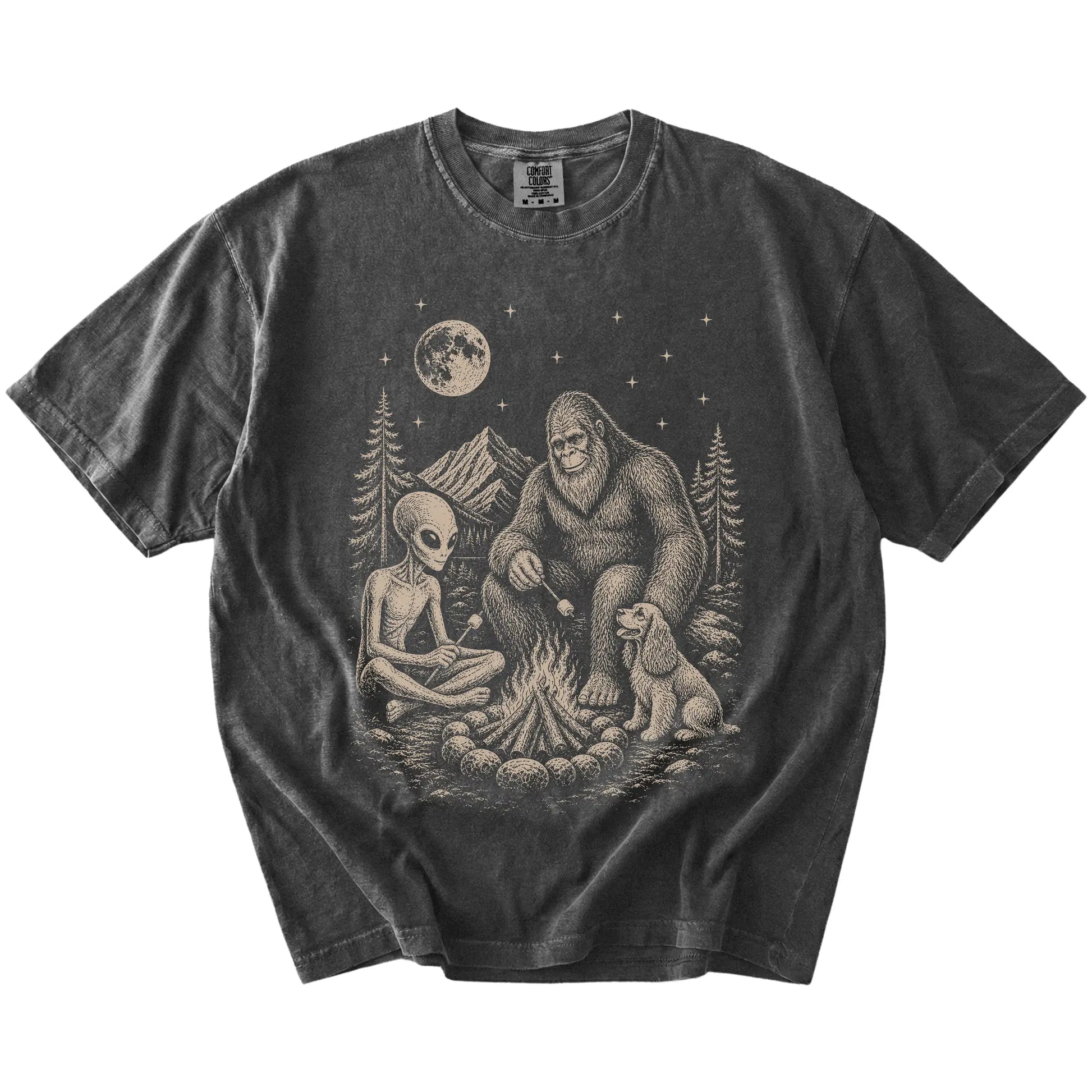 Cocker Spaniel camping with Bigfoot and an alien on a Pepper Comfort Colors® T-shirt