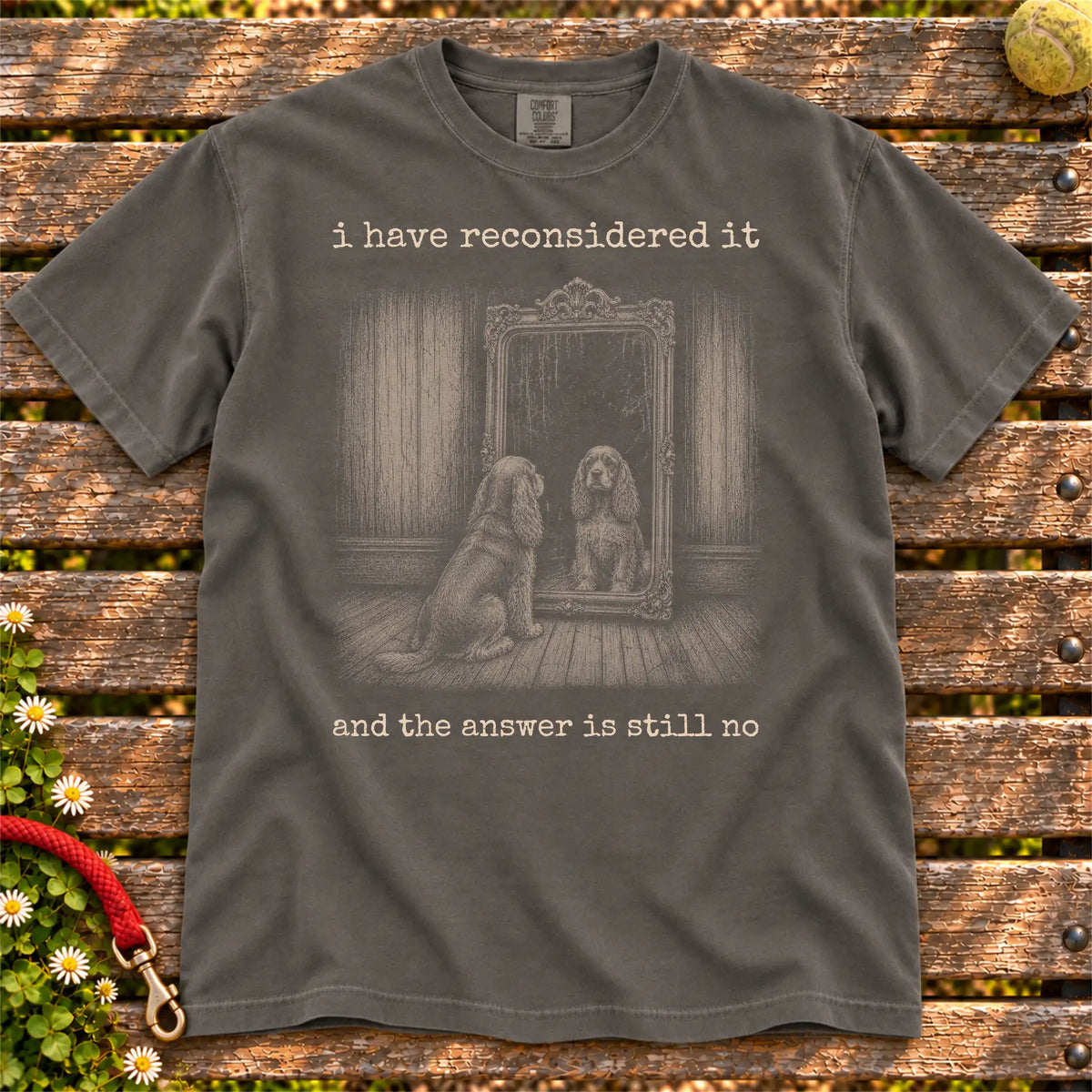 Antisocial Cocker Spaniel design on a Pepper Comfort Colors T-shirt, shown flat
