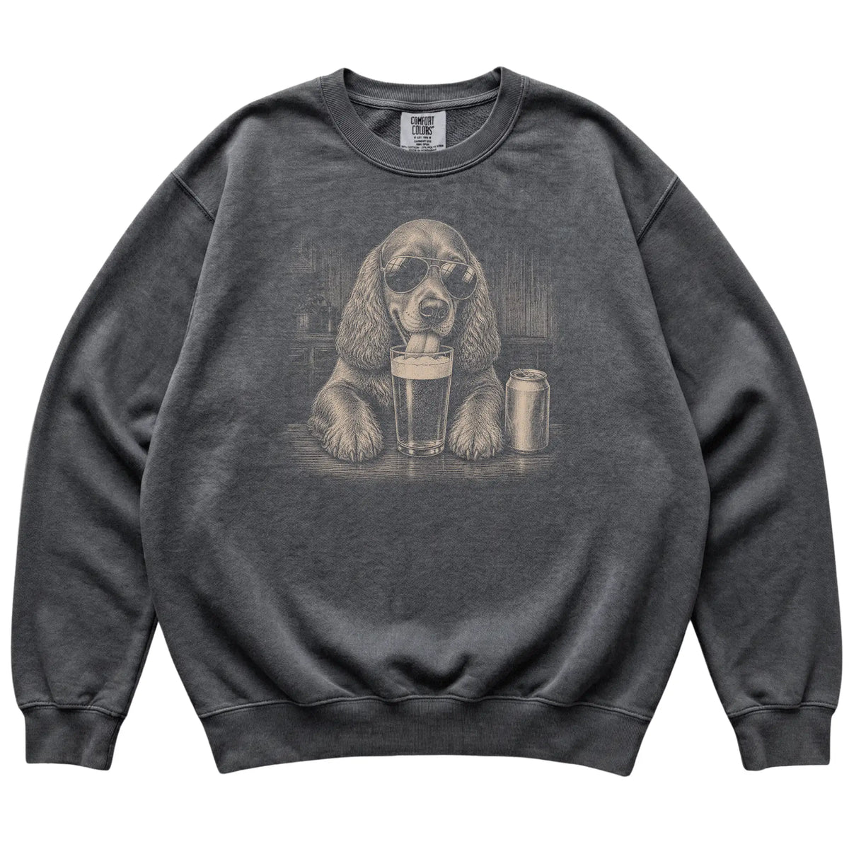 Pepper Cocker Spaniel drinking from a pint at a bar, laid flat