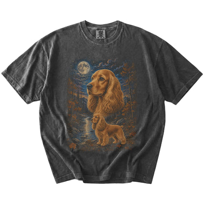 Cocker Spaniel in a moonlit fall forest scene on a Pepper Comfort Colors® t-shirt
