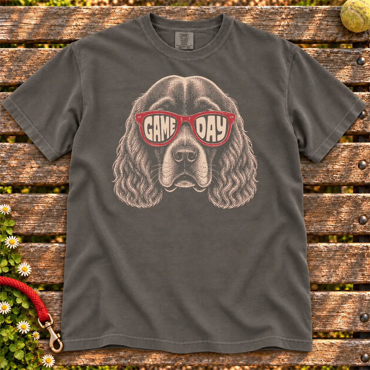 Cocker Spaniel Game Day design on a Pepper Comfort Colors T-shirt, shown flat