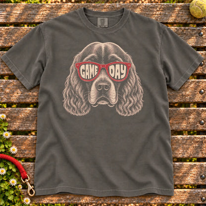 Cocker Spaniel Game Day design on a Pepper Comfort Colors T-shirt, shown flat