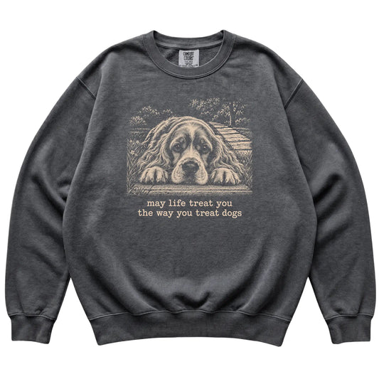 Cocker Spaniel Karma Comfort Colors sweatshirt in Pepper — Flat Lay